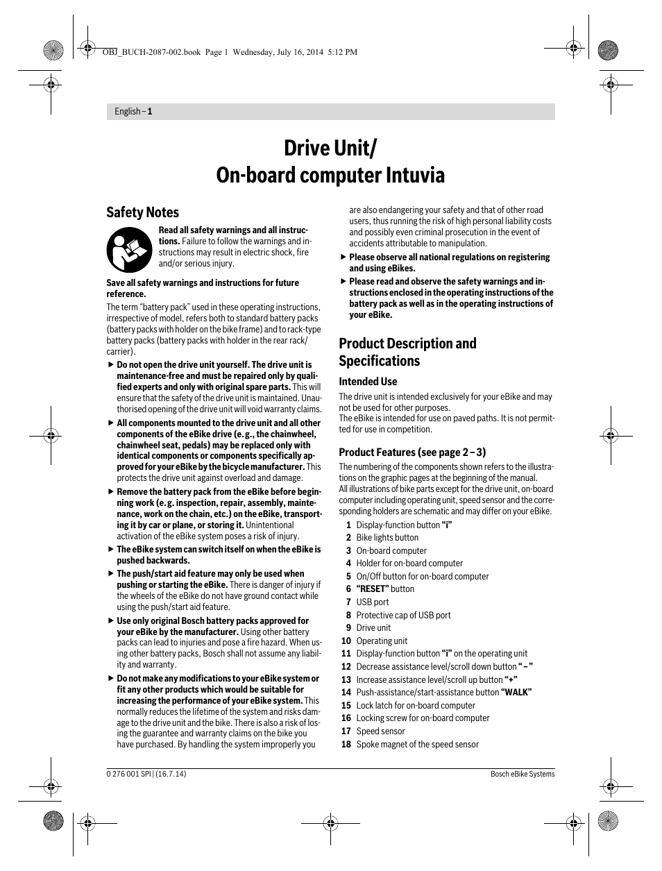 Drive unit/ on-board computer intuvia, Product description and specifications | Koga Performance line - E-lement 2015 E-XLR8 User Manual | Page 9 / 23