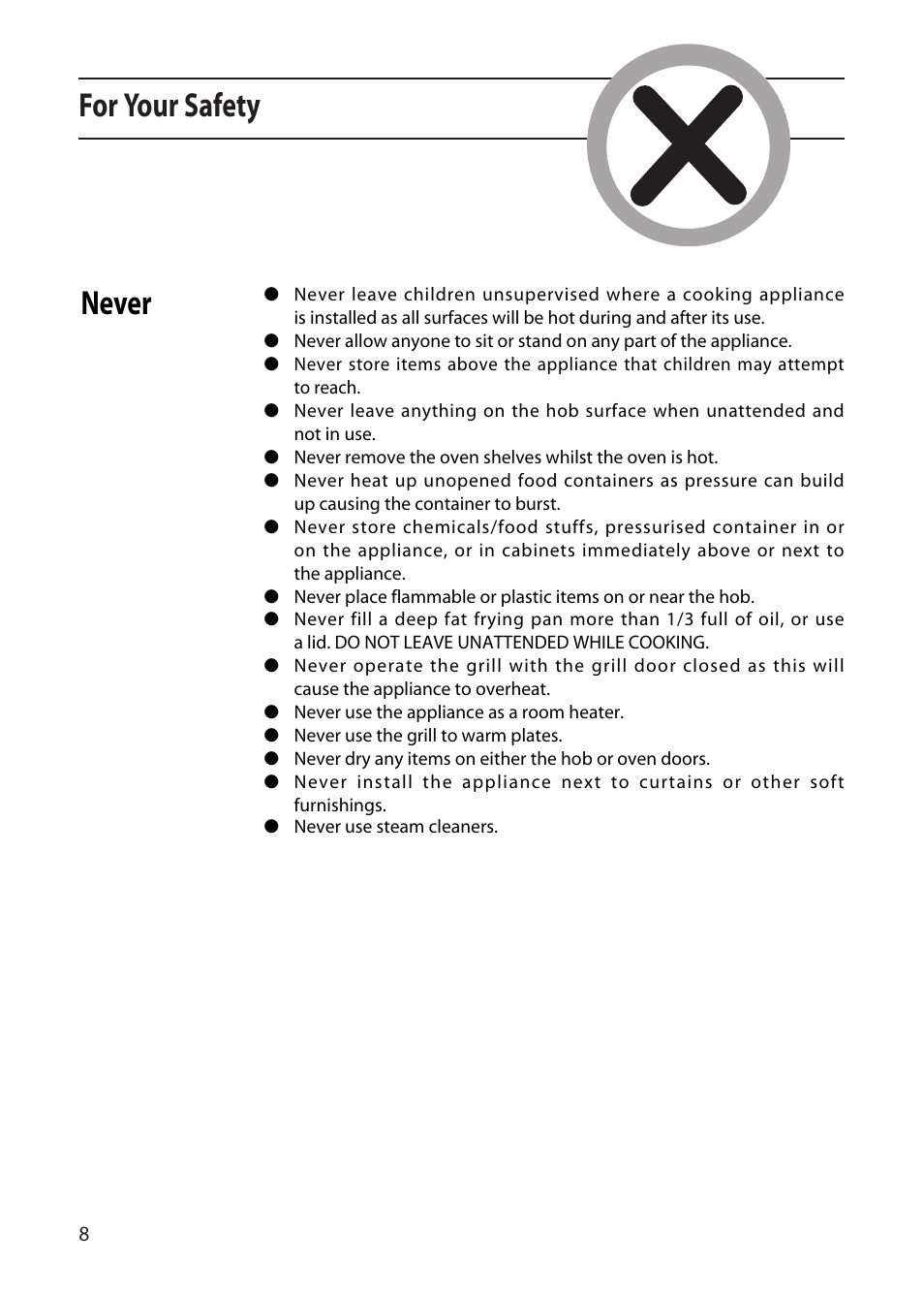For your safety, Never | Creda X252E User Manual | Page 8 / 28