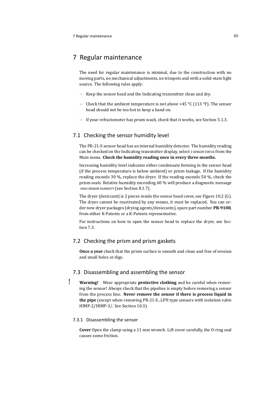 7 regular maintenance, 1 checking the sensor humidity level, 2 checking the prism and prism gaskets | 3 disassembling and assembling the sensor | K-Patents PR-21-S User Manual | Page 71 / 129