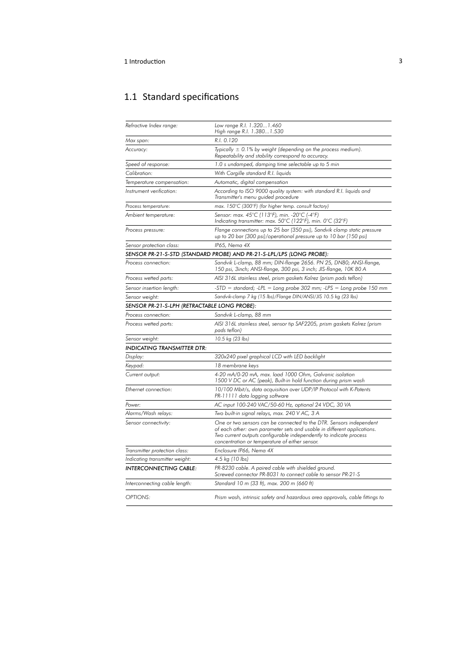 Specifications, 1 standard speciﬁcations, 1 introduction 3 | Sensor pr-21-s with ansi/din/jis flange | K-Patents PR-21-S User Manual | Page 9 / 129