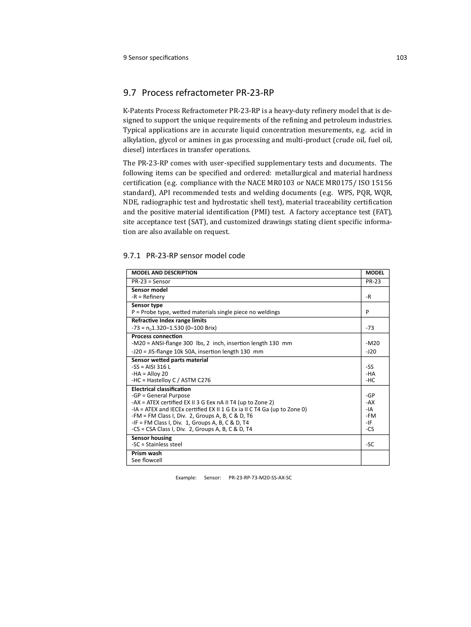 7 process refractometer pr-23-rp, 1 pr-23-rp sensor model code | K-Patents PR-23 User Manual | Page 111 / 213