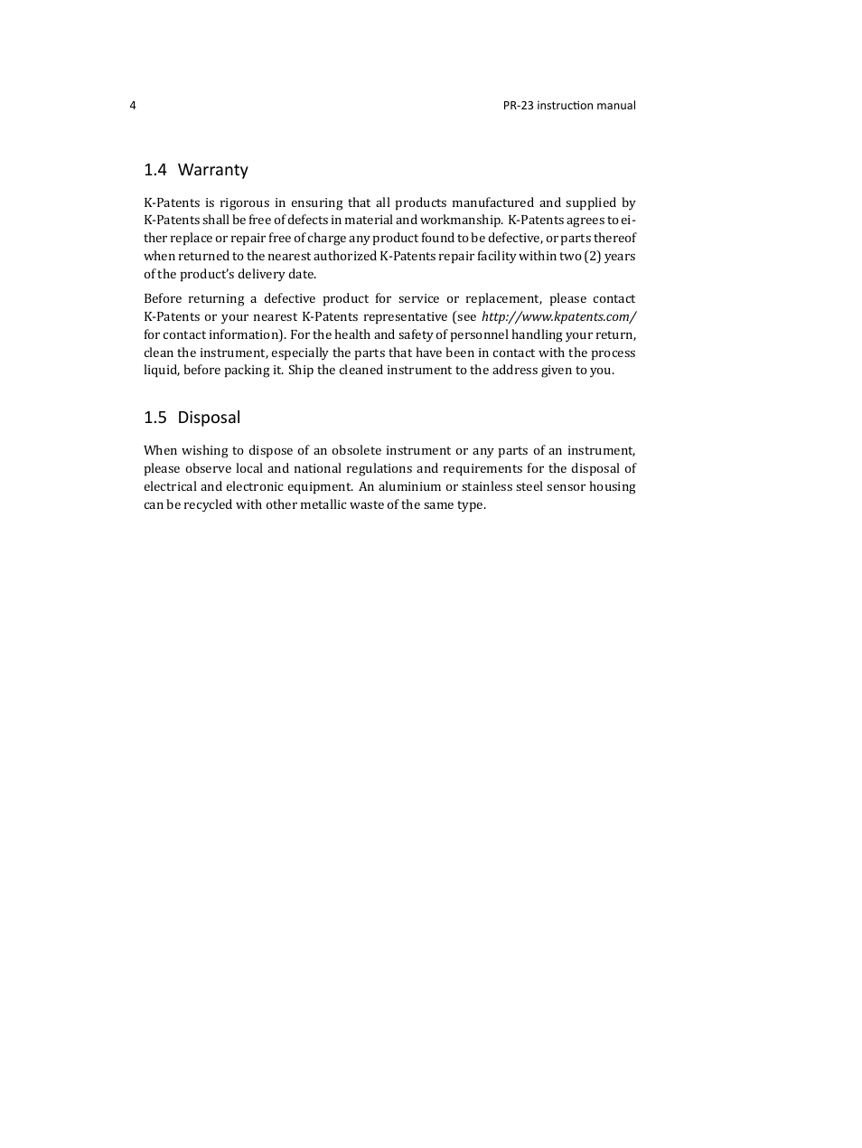 4 warranty, 5 disposal | K-Patents PR-23 User Manual | Page 12 / 213