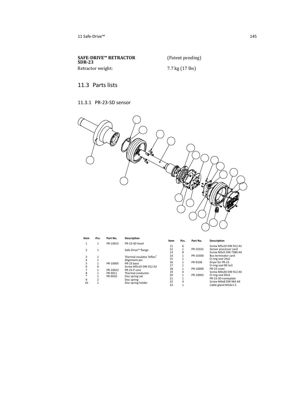 3 parts lists, 1 pr-23-sd sensor | K-Patents PR-23 User Manual | Page 153 / 213