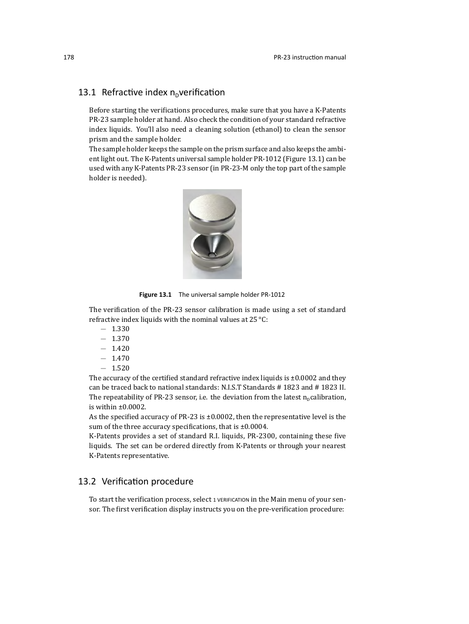 1 refractive index n, Veriﬁcation, 2 veriﬁcation procedure | K-Patents PR-23 User Manual | Page 186 / 213