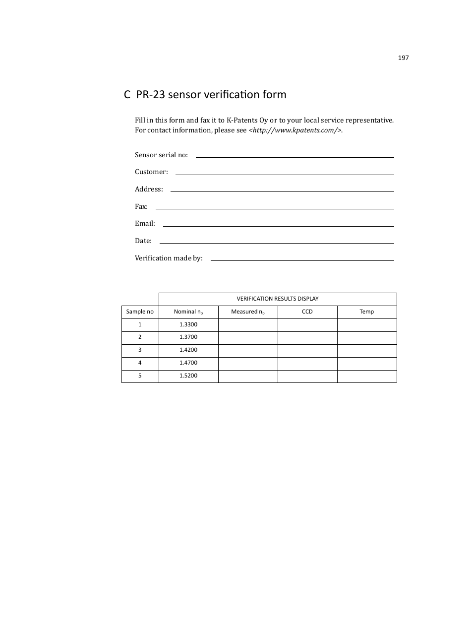 C pr-23 sensor veriﬁcation form | K-Patents PR-23 User Manual | Page 205 / 213