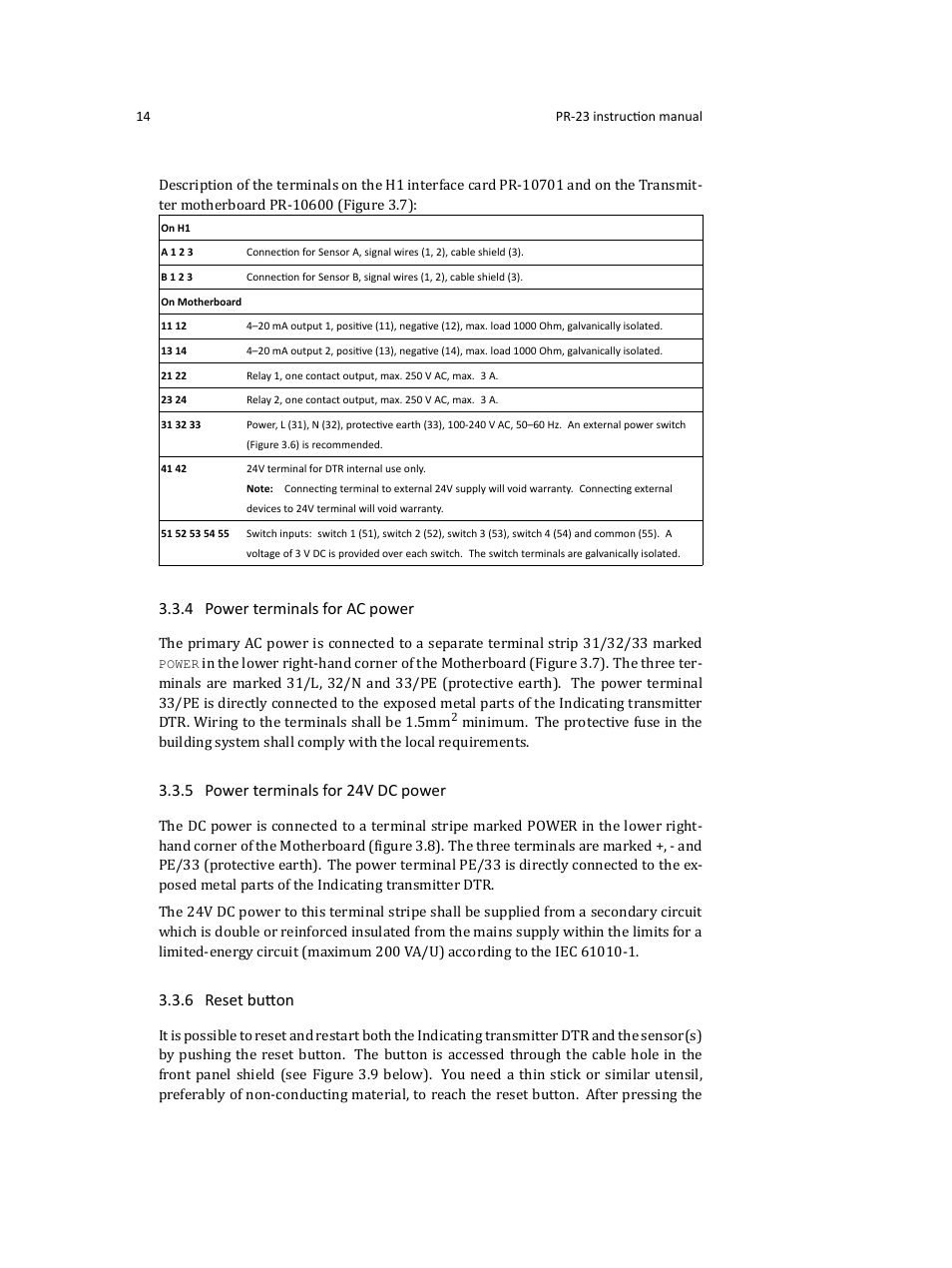 4 power terminals for ac power, 5 power terminals for 24v dc power, 6 reset button | K-Patents PR-23 User Manual | Page 22 / 213