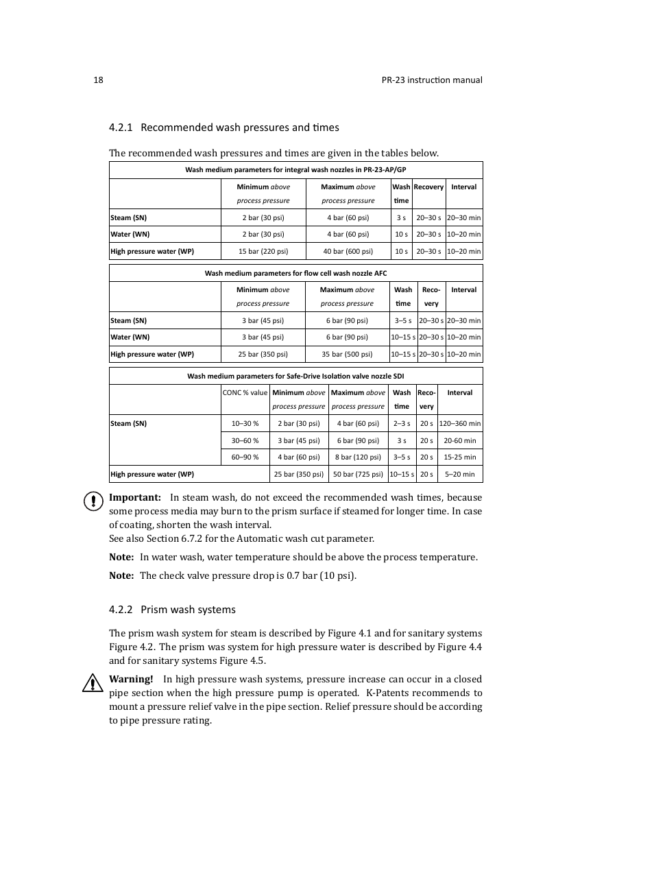 1 recommended wash pressures and times, 2 prism wash systems | K-Patents PR-23 User Manual | Page 26 / 213