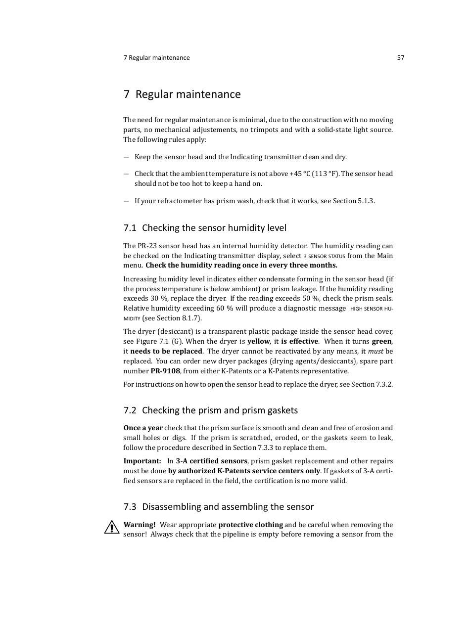 7 regular maintenance, 1 checking the sensor humidity level, 2 checking the prism and prism gaskets | 3 disassembling and assembling the sensor | K-Patents PR-23 User Manual | Page 65 / 213