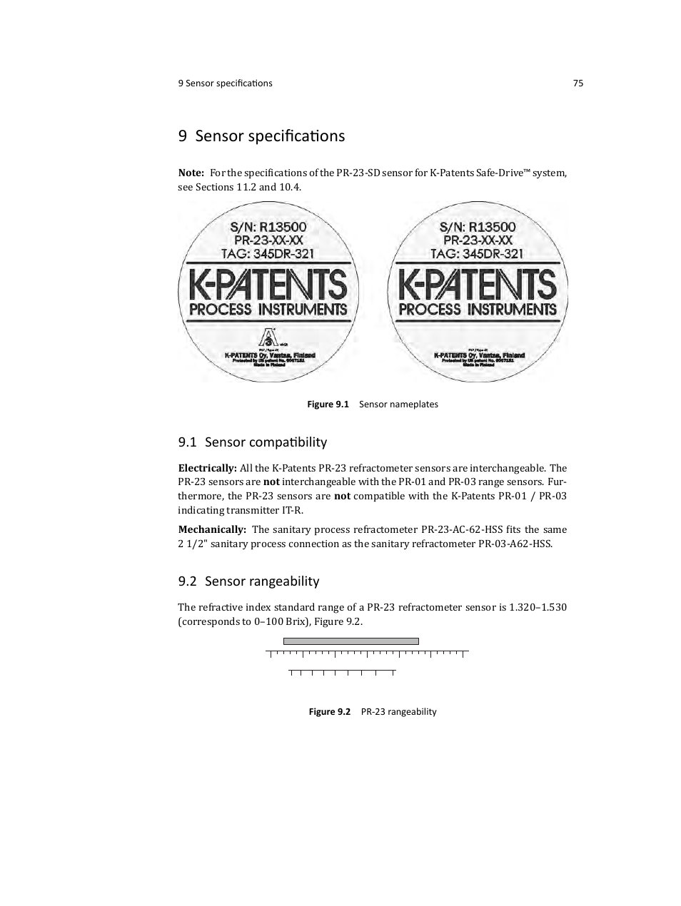 9 sensor speciﬁcations, 1 sensor compatibility, 2 sensor rangeability | K-Patents PR-23 User Manual | Page 83 / 213