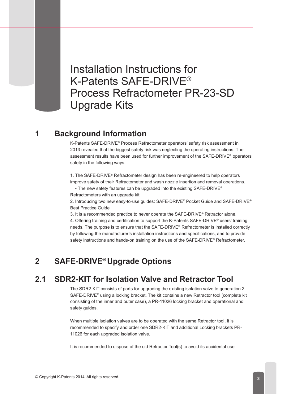 Installation instructions for k-patents safe-drive, Process refractometer pr-23-sd upgrade kits, 1background information | 2safe-drive | K-Patents SAFE-DRIVE User Manual | Page 3 / 10