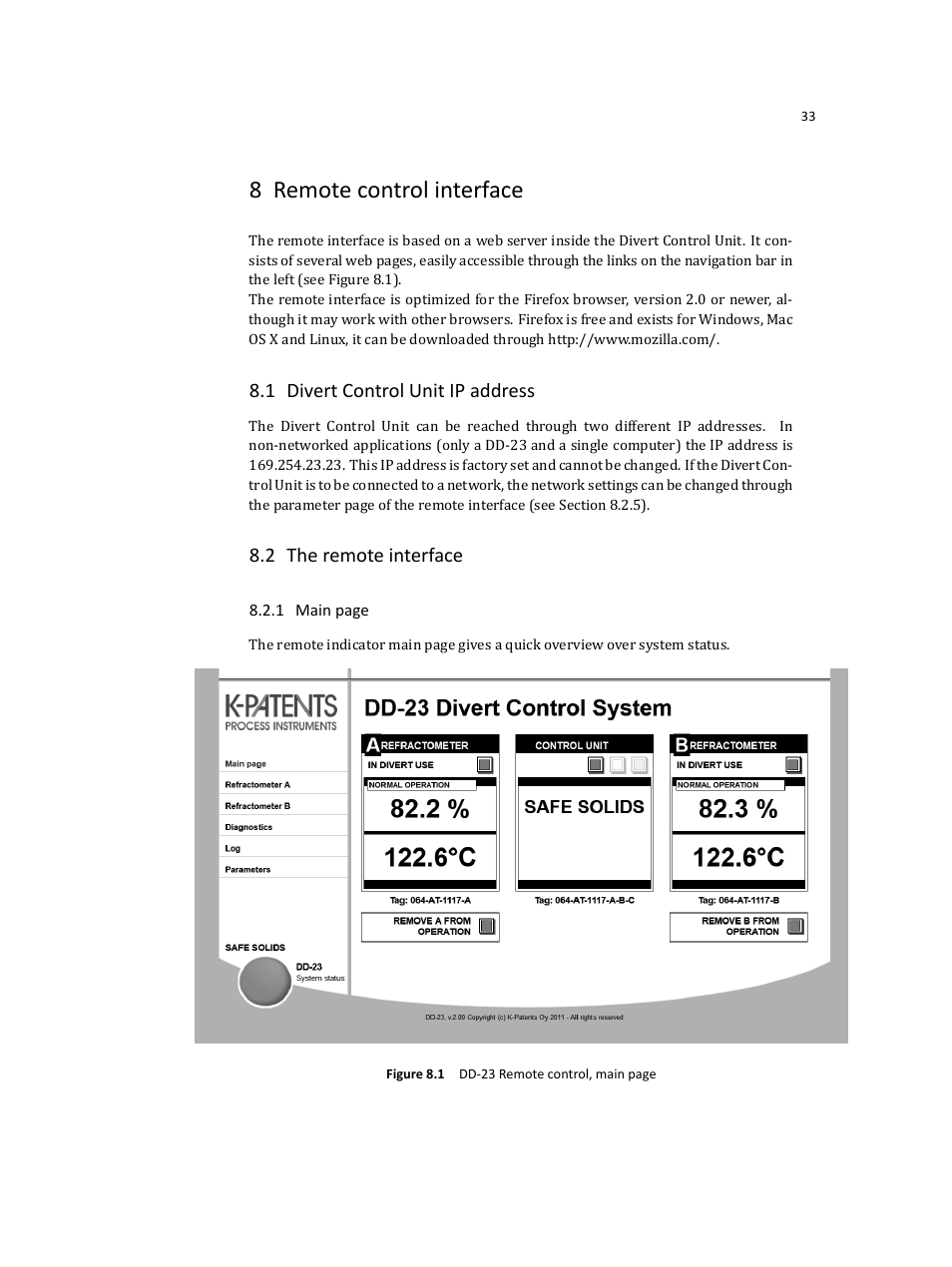 8 remote control interface, 1 divert control unit ip address, 2 the remote interface | K-Patents DD-23 User Manual | Page 37 / 50