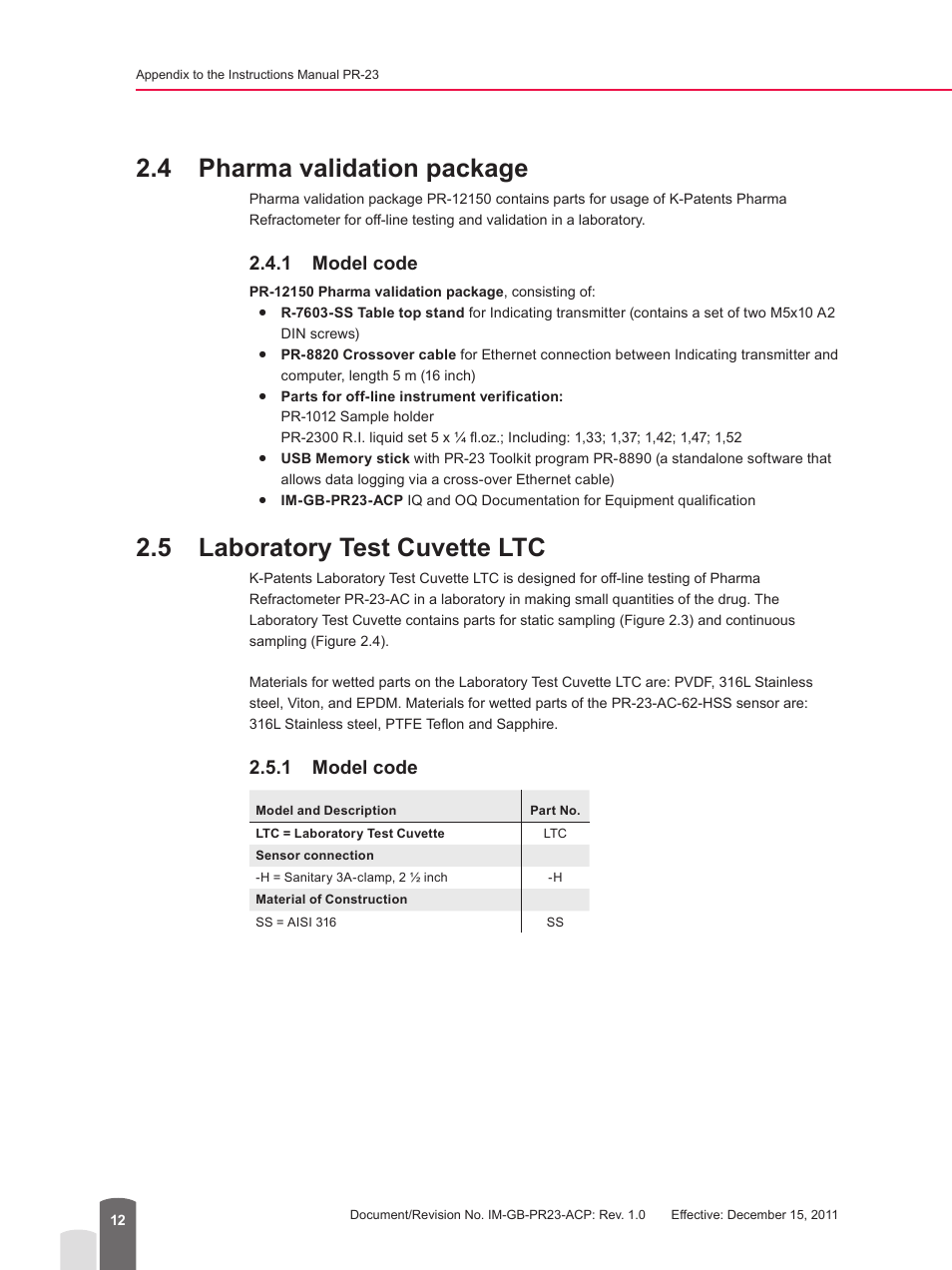 4 pharma validation package, 1 model code, 5 laboratory test cuvette ltc | K-Patents PR-23 for K-Patents User Manual | Page 12 / 62