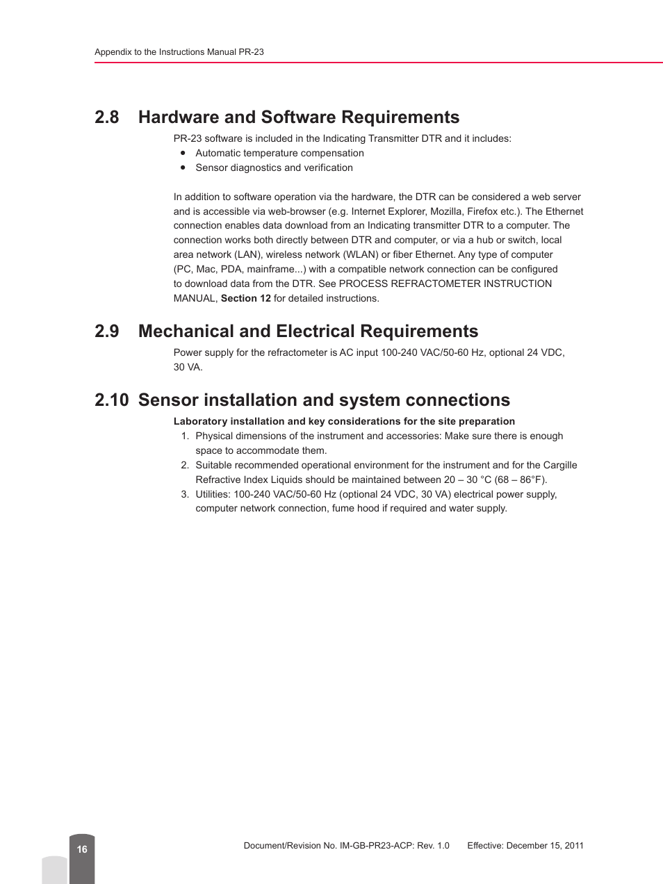 8 hardware and software requirements, 9 mechanical and electrical requirements, 10 sensor installation and system connections | K-Patents PR-23 for K-Patents User Manual | Page 16 / 62