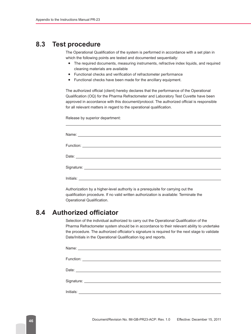 3 test procedure, 4 authorized officiator, 3 test procedure 8.4 authorized officiator | K-Patents PR-23 for K-Patents User Manual | Page 46 / 62