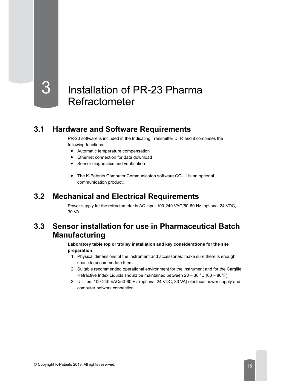 3 installation of pr-23 pharma refractometer, 1 hardware and software requirements, 2 mechanical and electrical requirements | Installation of pr-23 pharma refractometer | K-Patents PR-23 for K-Patents Appendix User Manual | Page 15 / 56