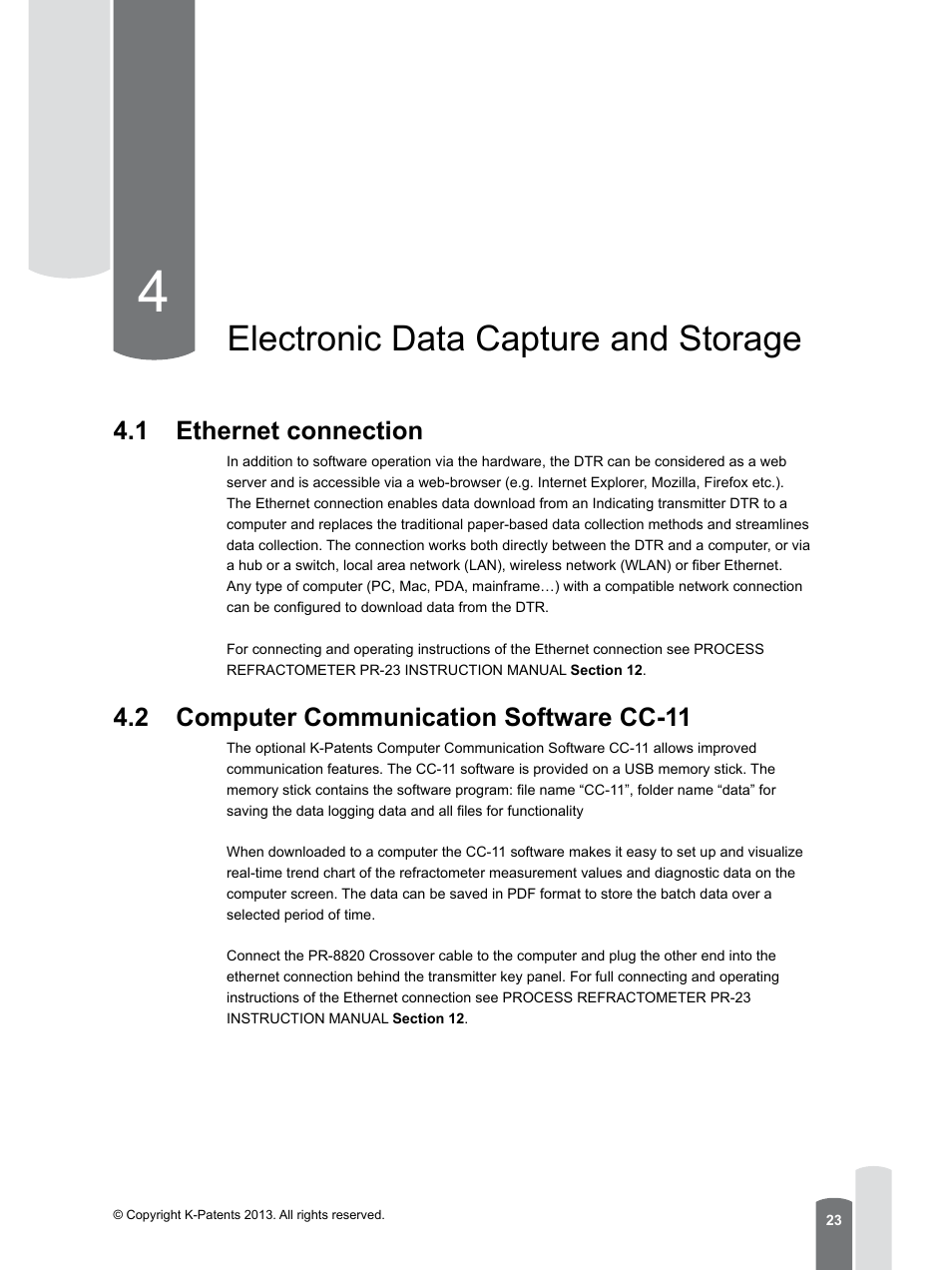 4 electronic data capture and storage, 1 ethernet connection, 2 computer communication software cc-11 | Electronic data capture and storage | K-Patents PR-23 for K-Patents Appendix User Manual | Page 23 / 56