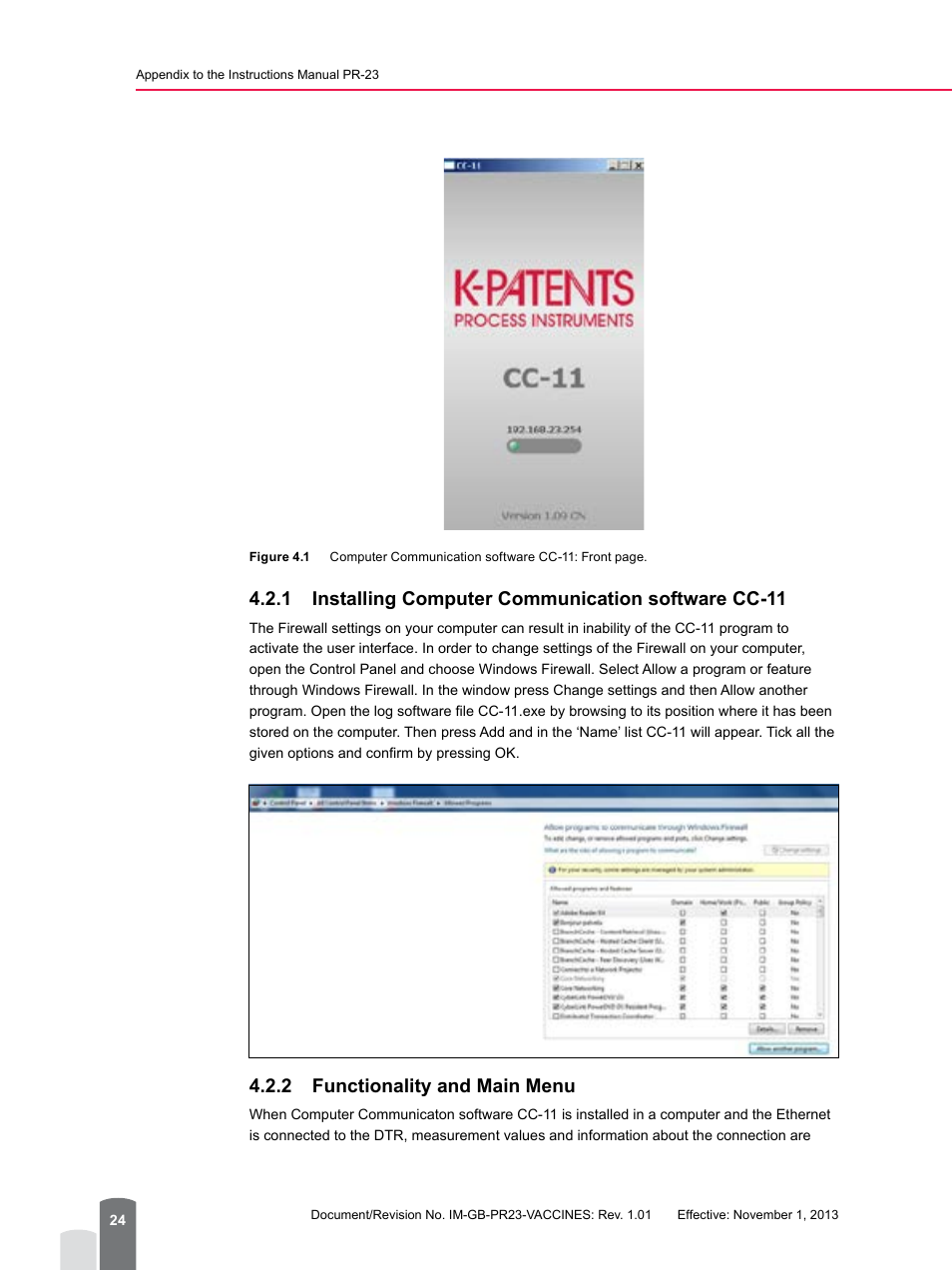 1 functionality and main menu, 1 installing computer communication software cc-11, 2 functionality and main menu | K-Patents PR-23 for K-Patents Appendix User Manual | Page 24 / 56