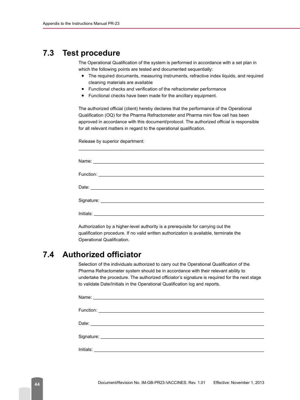 3 test procedure, 4 authorized officiator, 3 test procedure 7.4 authorized officiator | K-Patents PR-23 for K-Patents Appendix User Manual | Page 44 / 56