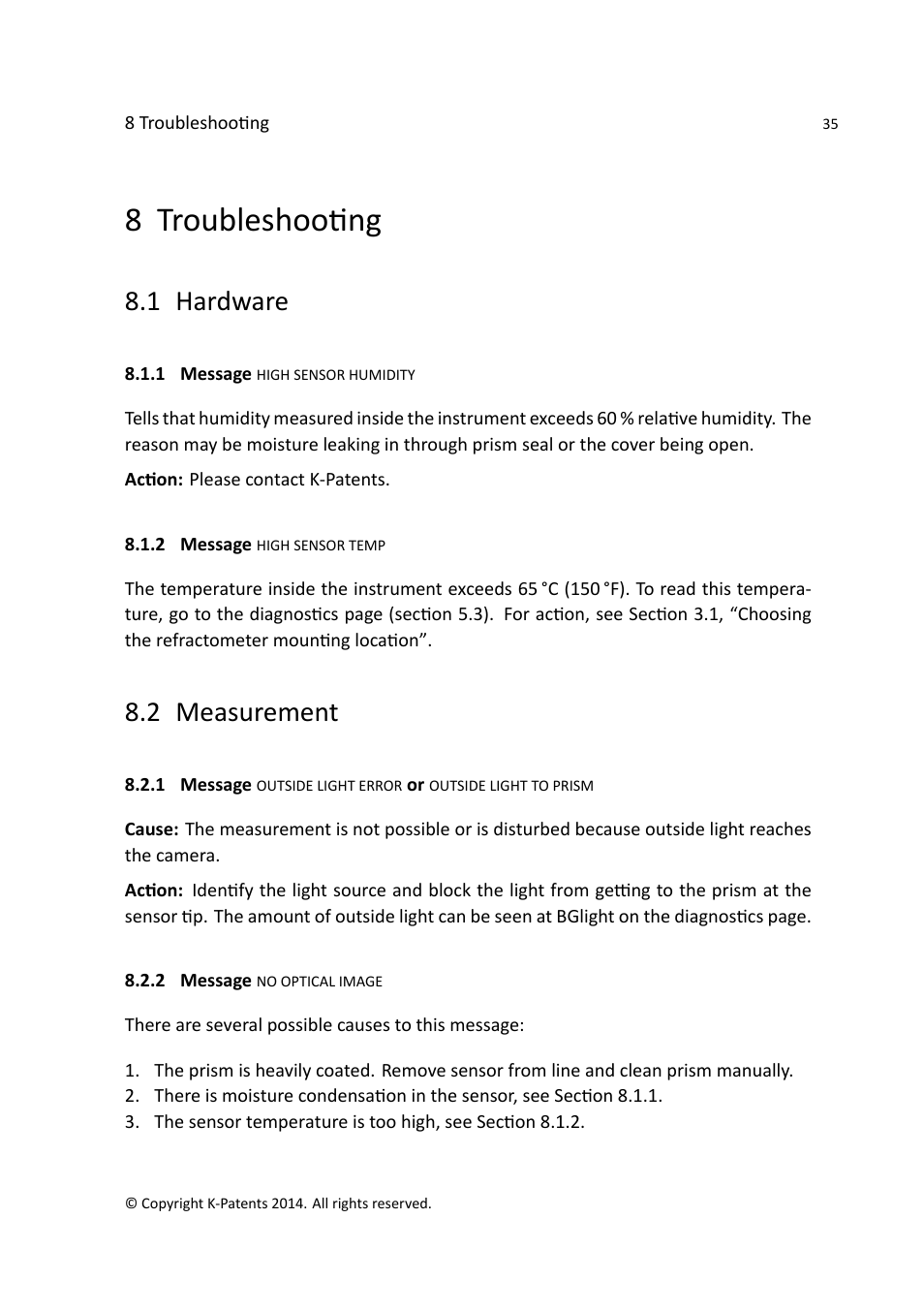 8 troubleshooting, 1 hardware, 2 measurement | K-Patents PR-33-AC User Manual | Page 41 / 53