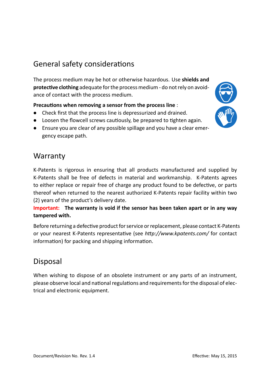 General safety considerations, Warranty, Disposal | K-Patents PR-33-S User Manual | Page 2 / 44