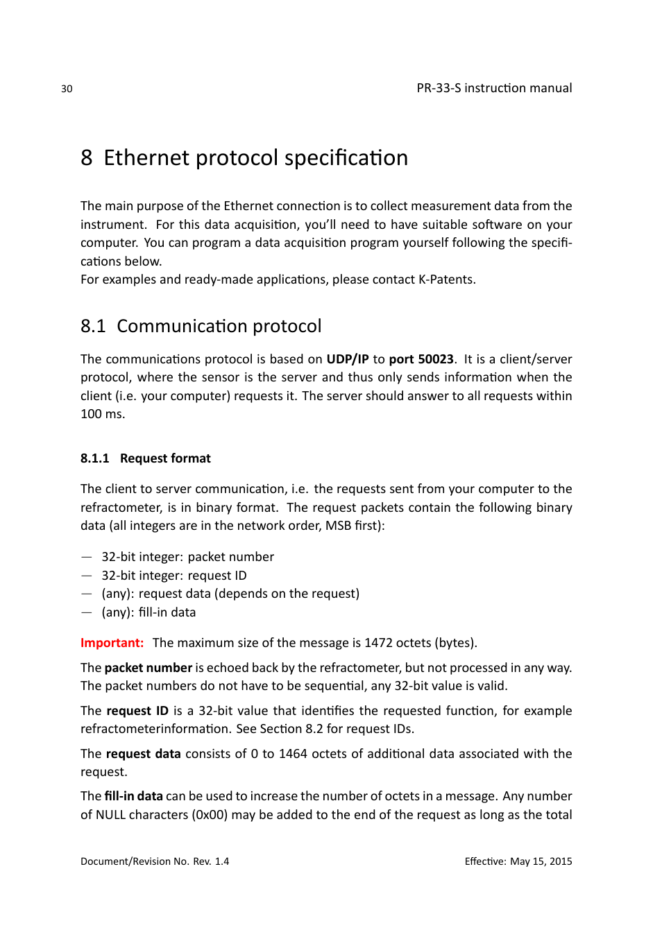 8 ethernet protocol speciﬁcation, 1 communication protocol | K-Patents PR-33-S User Manual | Page 34 / 44