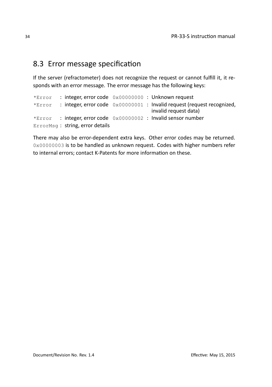 3 error message speciﬁcation | K-Patents PR-33-S User Manual | Page 38 / 44