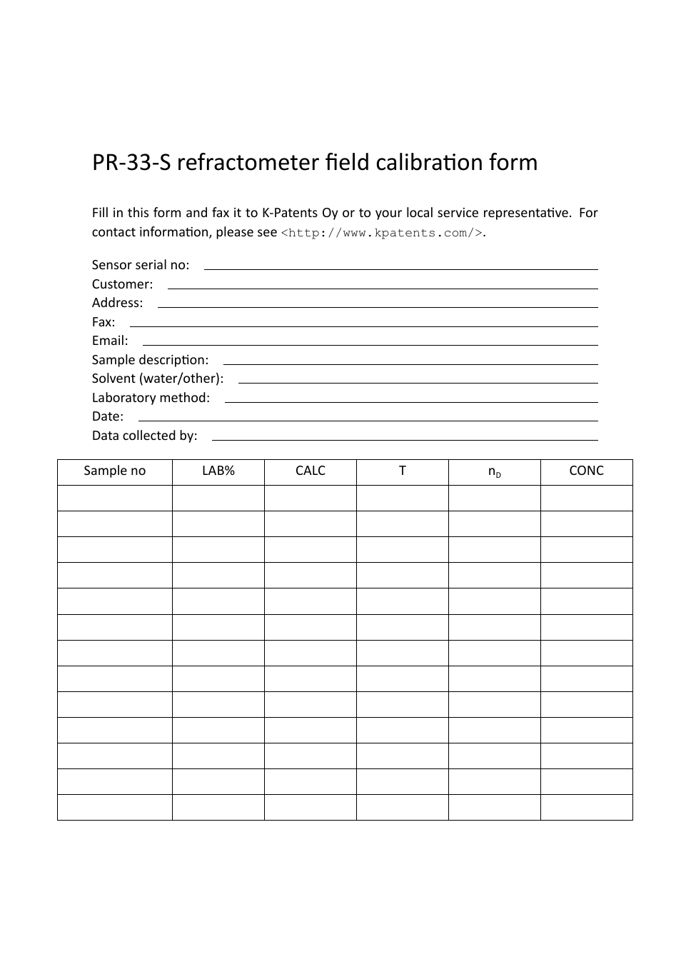 Pr-33-s refractometer ﬁeld calibration form | K-Patents PR-33-S User Manual | Page 43 / 44