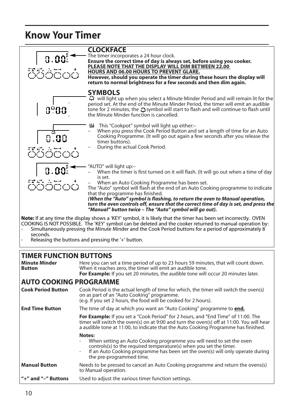 Know your timer, Clockface, Symbols | Timer function buttons auto cooking programme | Creda R010E User Manual | Page 10 / 36