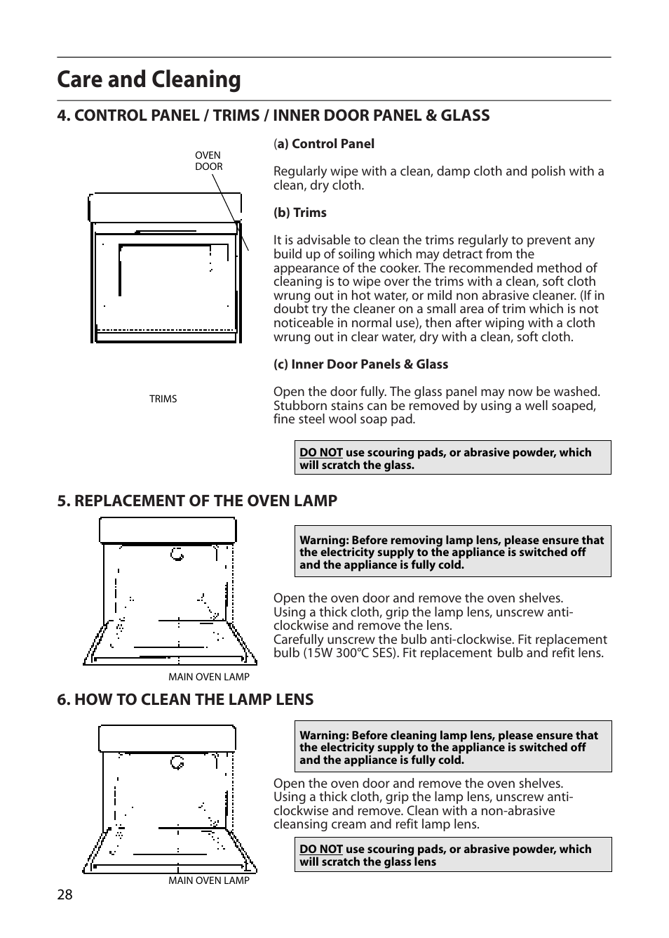 Care and cleaning, Control panel / trims / inner door panel & glass, Replacement of the oven lamp | How to clean the lamp lens | Creda R010E User Manual | Page 28 / 36