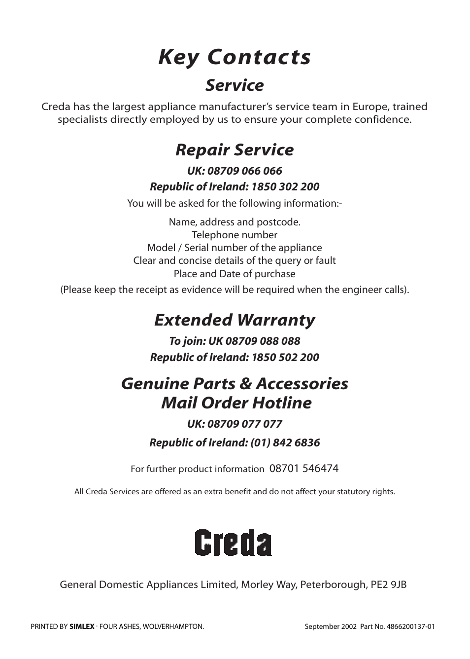 Key contacts, Service, Repair service | Extended warranty, Genuine parts & accessories mail order hotline | Creda R010E User Manual | Page 36 / 36