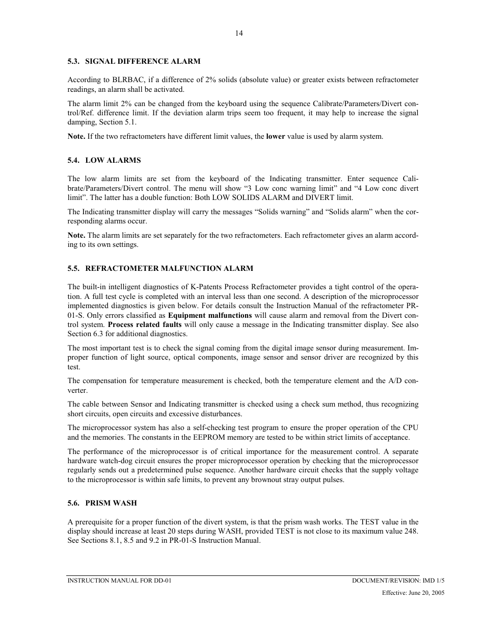 Signal difference alarm, Low alarms, Refractometer malfunction alarm | Prism wash, 3 signal difference alarm 5.4 low, Alarms, 5 refractometer malfunction alarm 5.6 prism, Wash | K-Patents DD-01 User Manual | Page 15 / 37