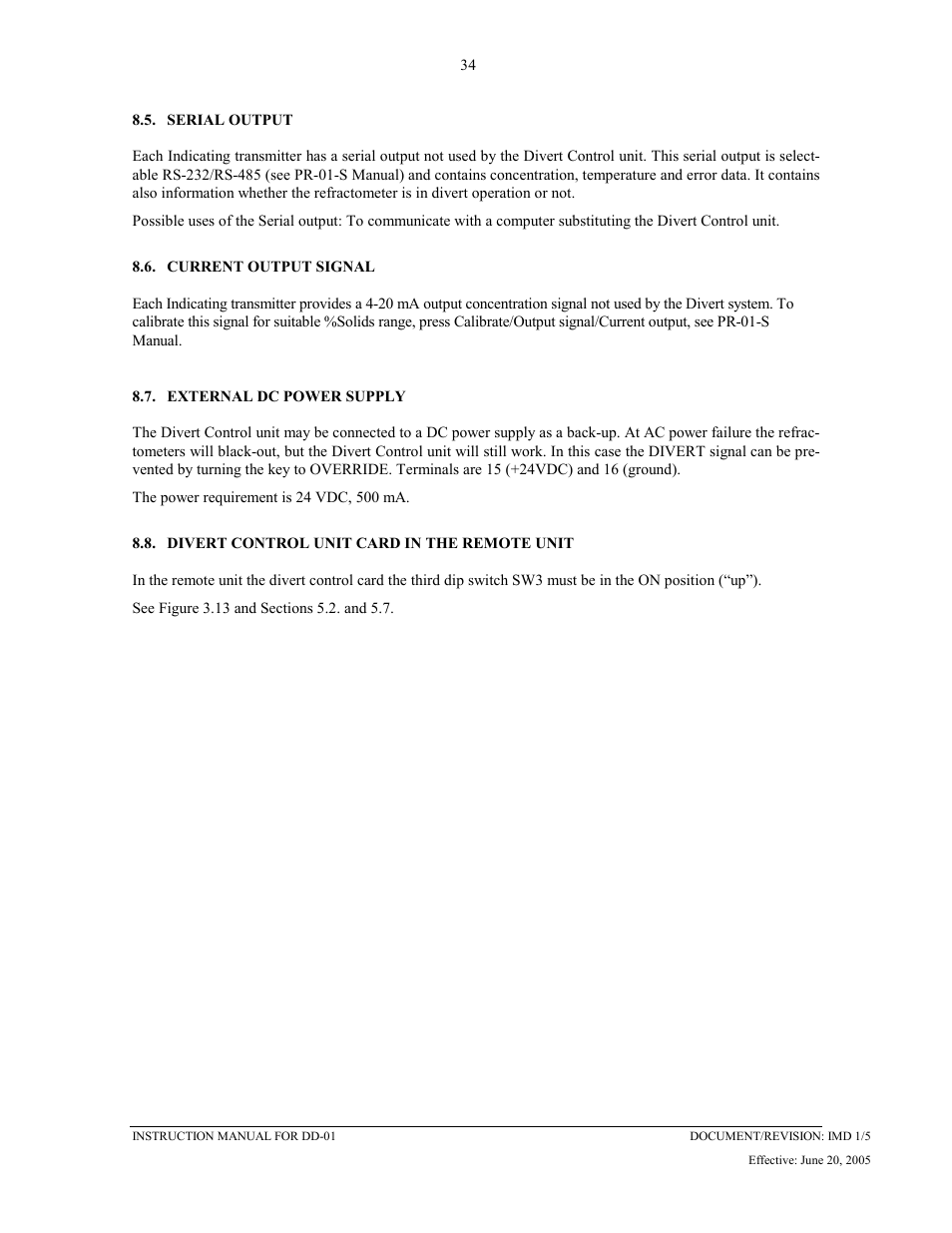 Serial output, Current output signal, External dc power supply | Divert control unit card in the remote unit, 5 serial, Output | K-Patents DD-01 User Manual | Page 35 / 37