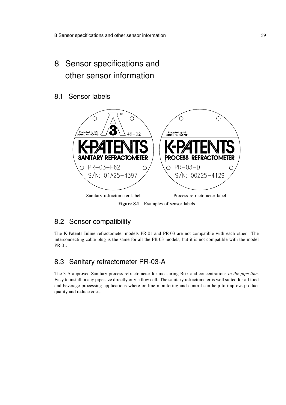 1 sensor labels, 2 sensor compatibility, 3 sanitary refractometer pr-03-a | K-Patents PR-03 User Manual | Page 65 / 123