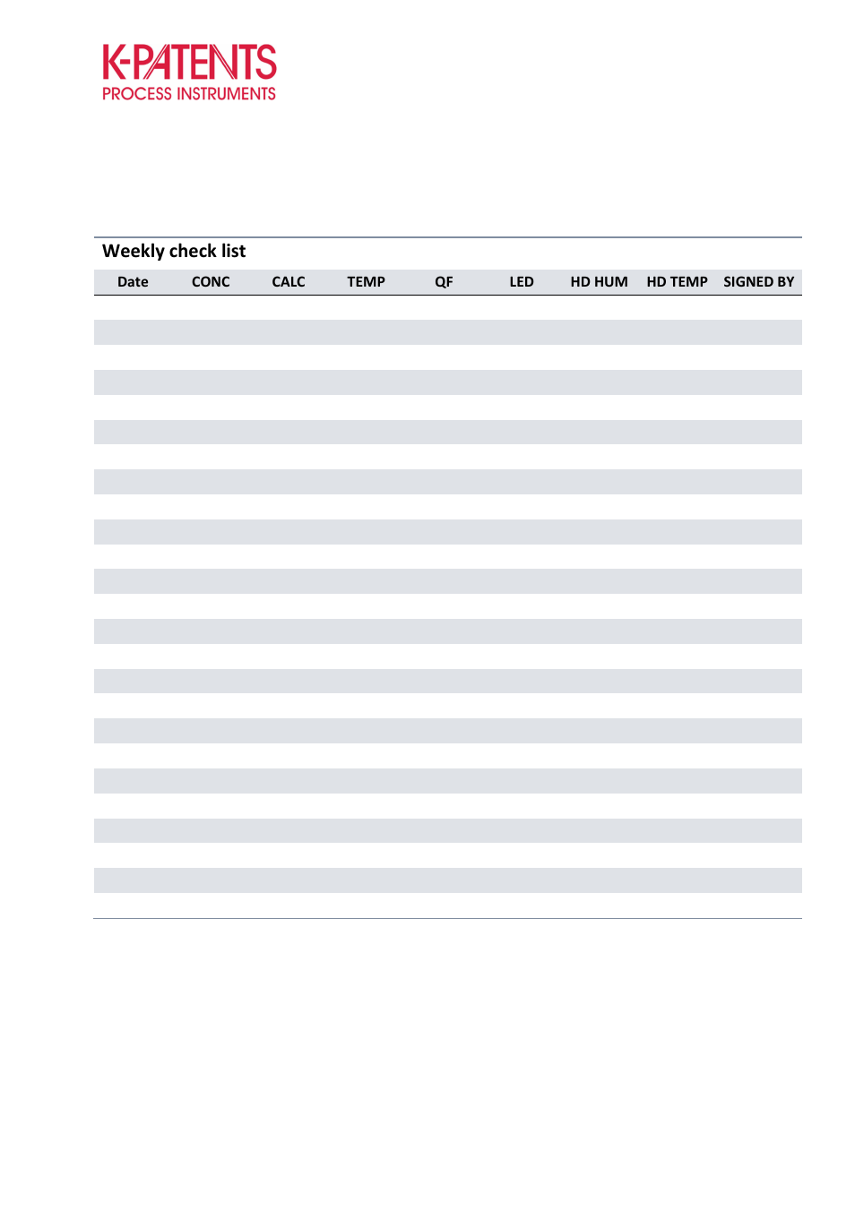 Weekly check list | K-Patents PR-33-S Troubleshooting Guide User Manual | Page 10 / 10
