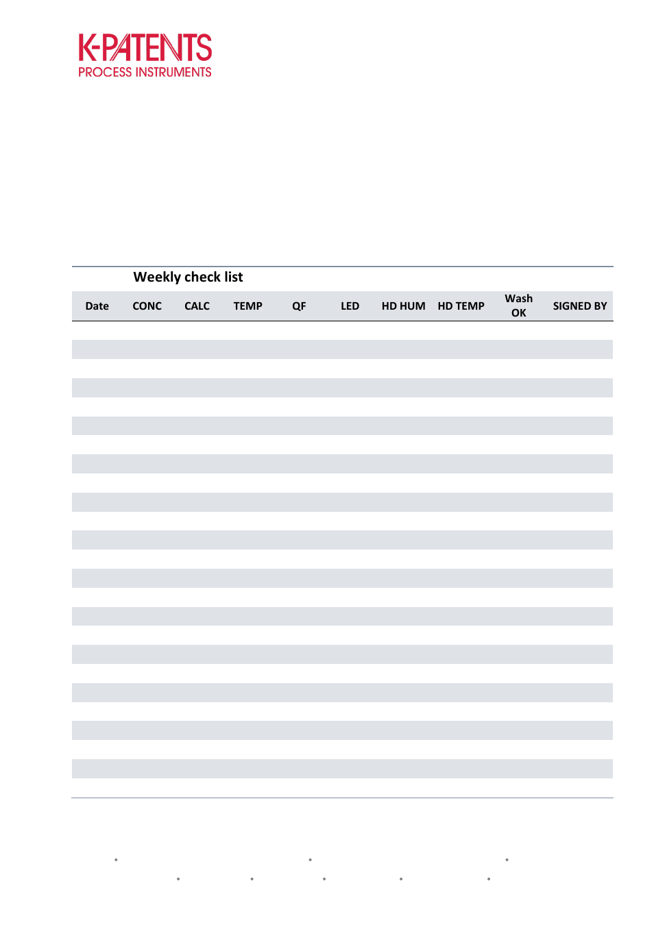 Preventive maintenance inspection plan, Weekly check list | K-Patents PR-23 Troubleshooting Guide User Manual | Page 13 / 14