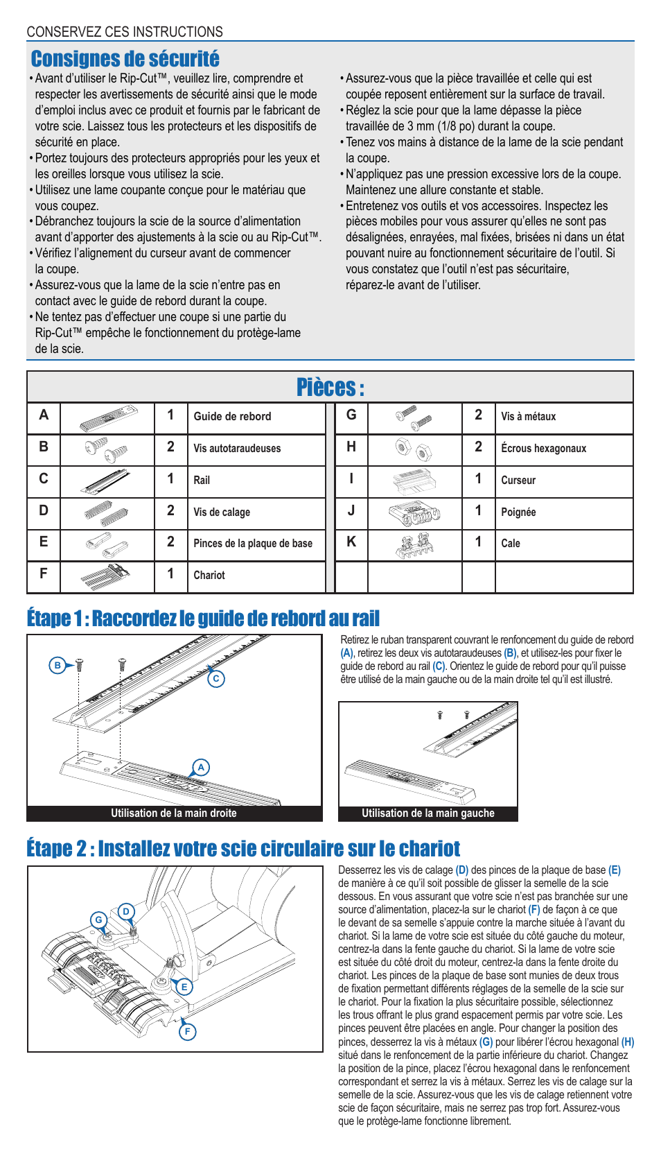 Pièces, Consignes de sécurité | Kreg Rip-Cut User Manual | Page 4 / 8