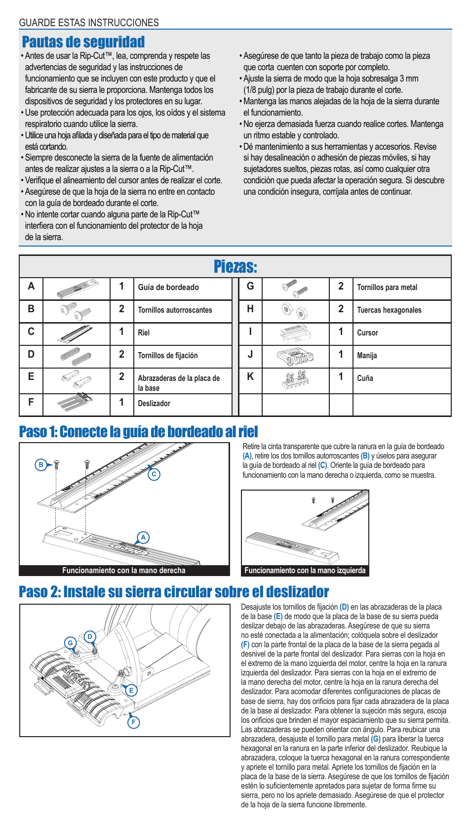 Piezas, Pautas de seguridad | Kreg Rip-Cut User Manual | Page 6 / 8