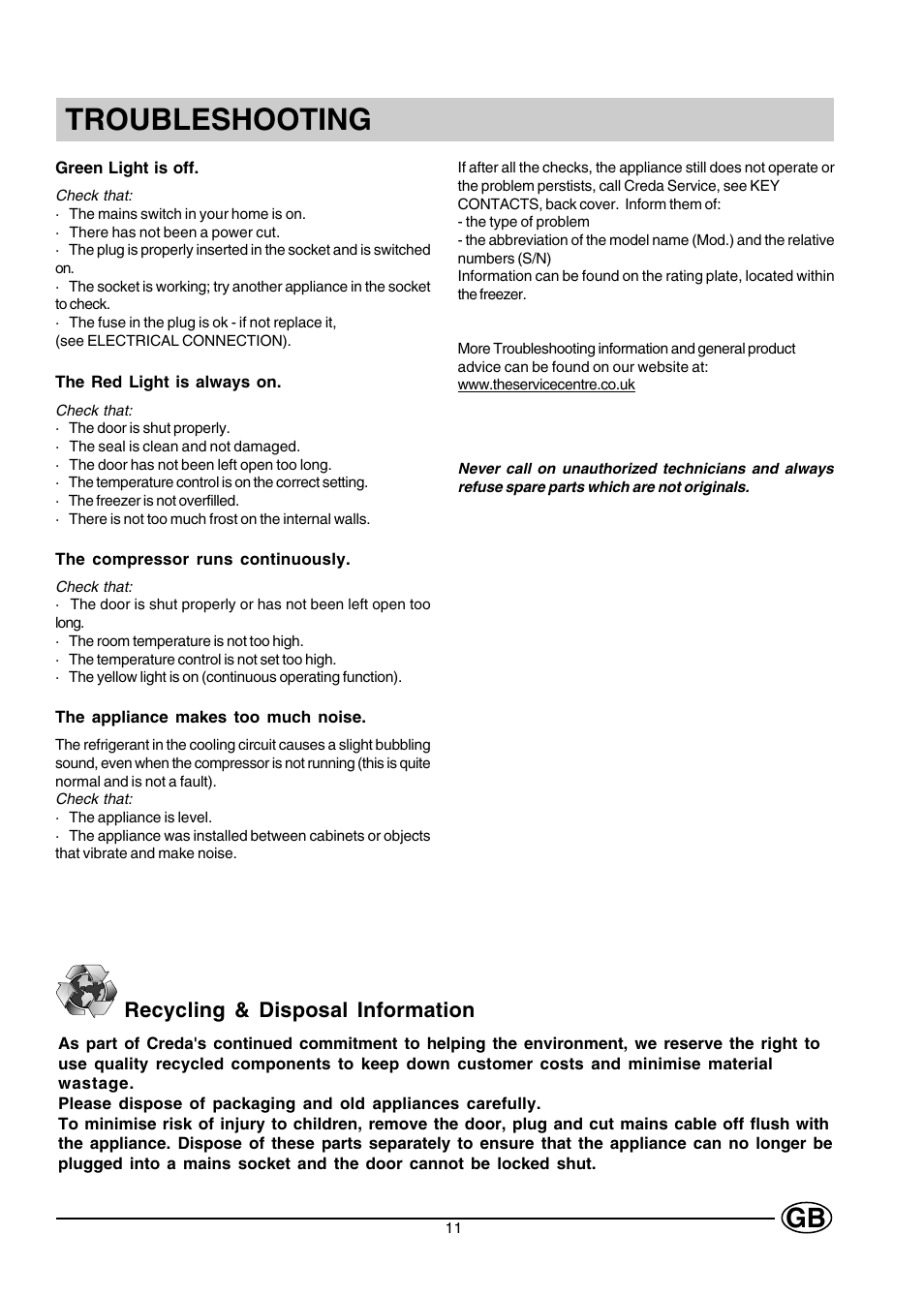 Troubleshooting | Creda CUZ12G User Manual | Page 11 / 12