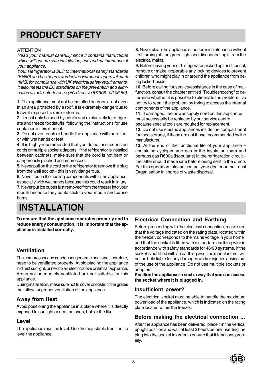 Product safety, Installation | Creda CUZ12G User Manual | Page 3 / 12