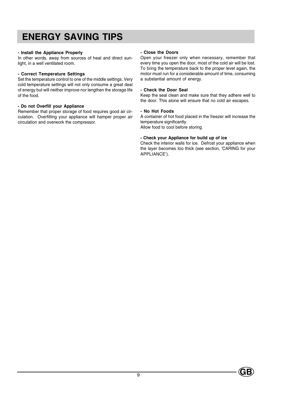 Energy saving tips | Creda CUZ12G User Manual | Page 9 / 12