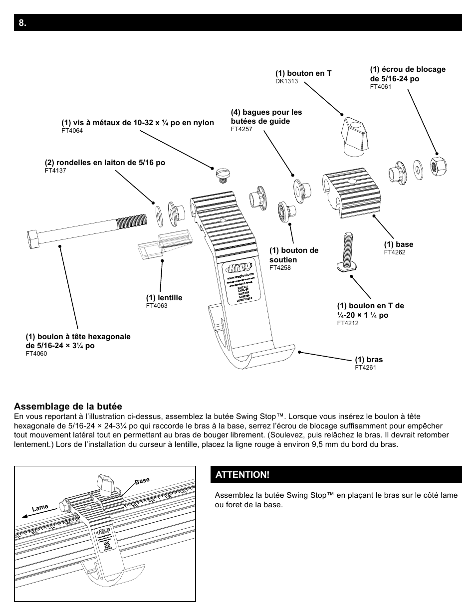 Schéma des pièces de la butée swing stop, Assemblage : butée swing stop | Kreg Precision Miter Gauge System User Manual | Page 20 / 36