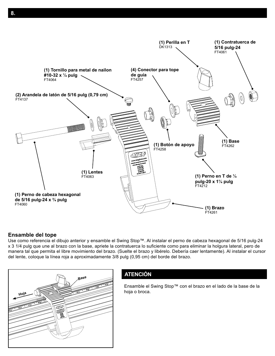 Diagrama de las piezas del swing stop, Ensamble - swing stop | Kreg Precision Miter Gauge System User Manual | Page 32 / 36