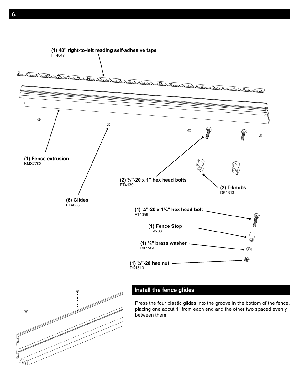 Fence assembly parts diagram, Assembly - fence | Kreg Precision Miter Gauge System User Manual | Page 6 / 36
