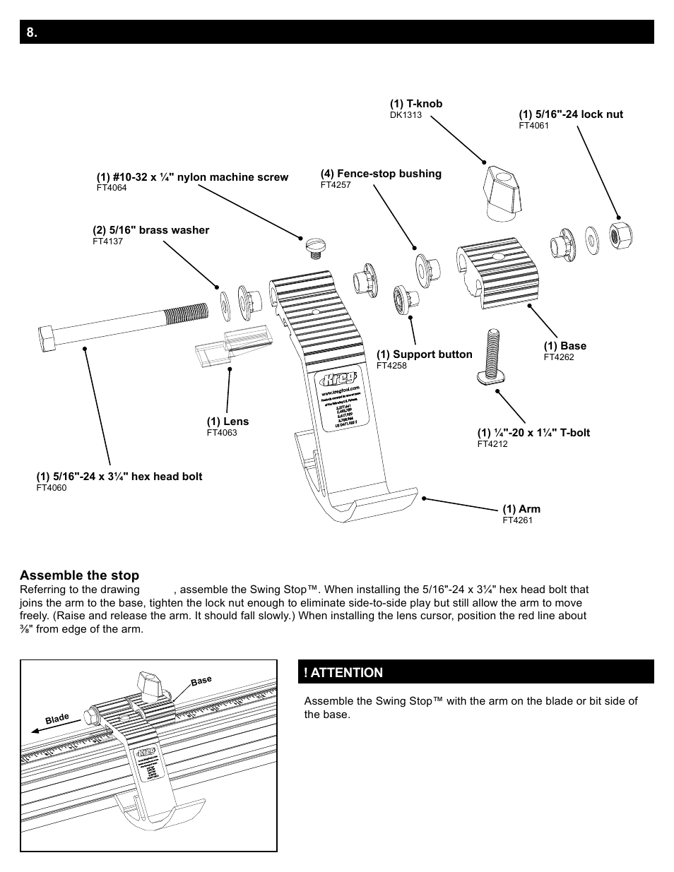 Swing stop, Parts diagram, Assembly - swing stop | Kreg Precision Miter Gauge System User Manual | Page 8 / 36