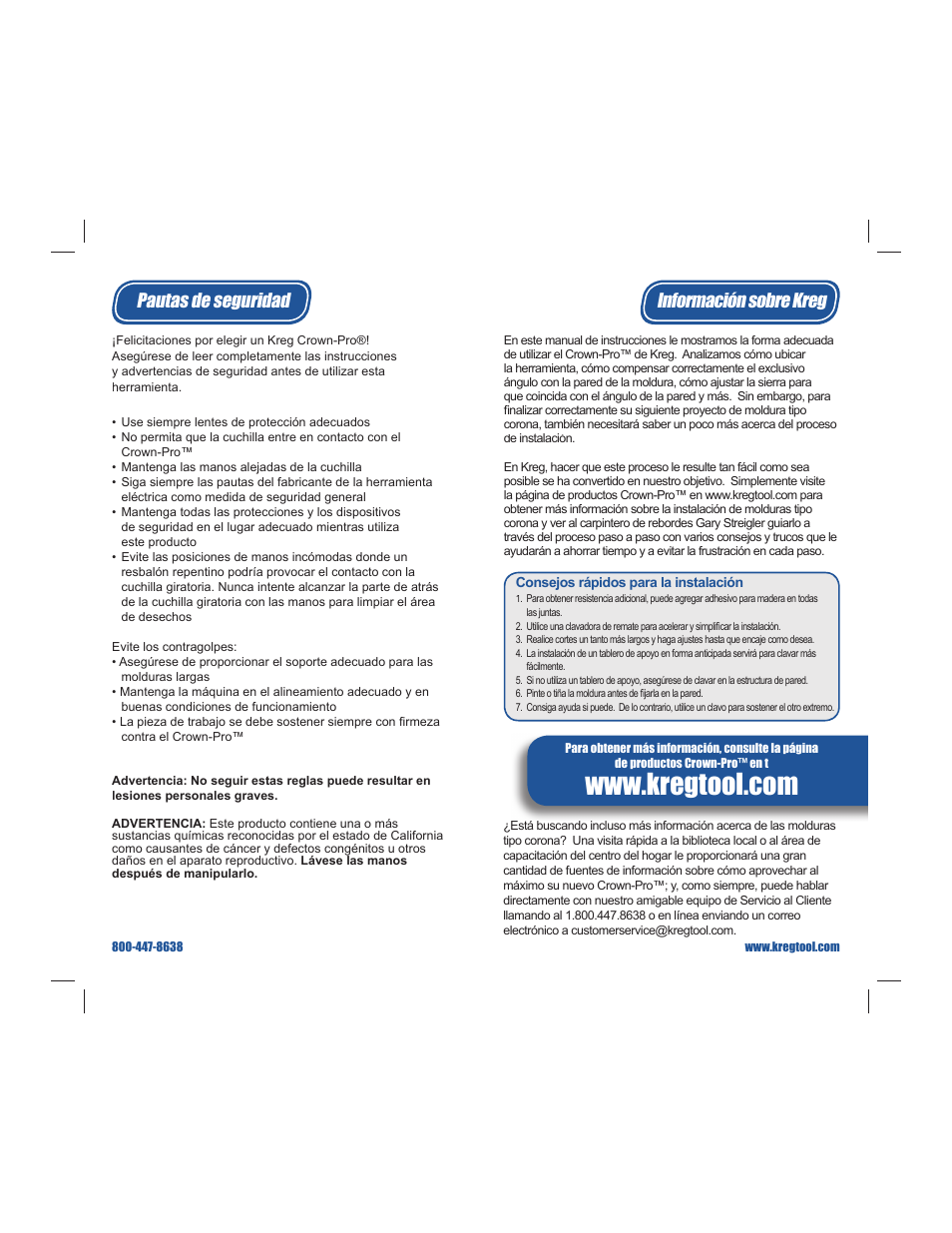 Pautas de seguridad información sobre kreg | Kreg Crown-Pro User Manual | Page 12 / 17