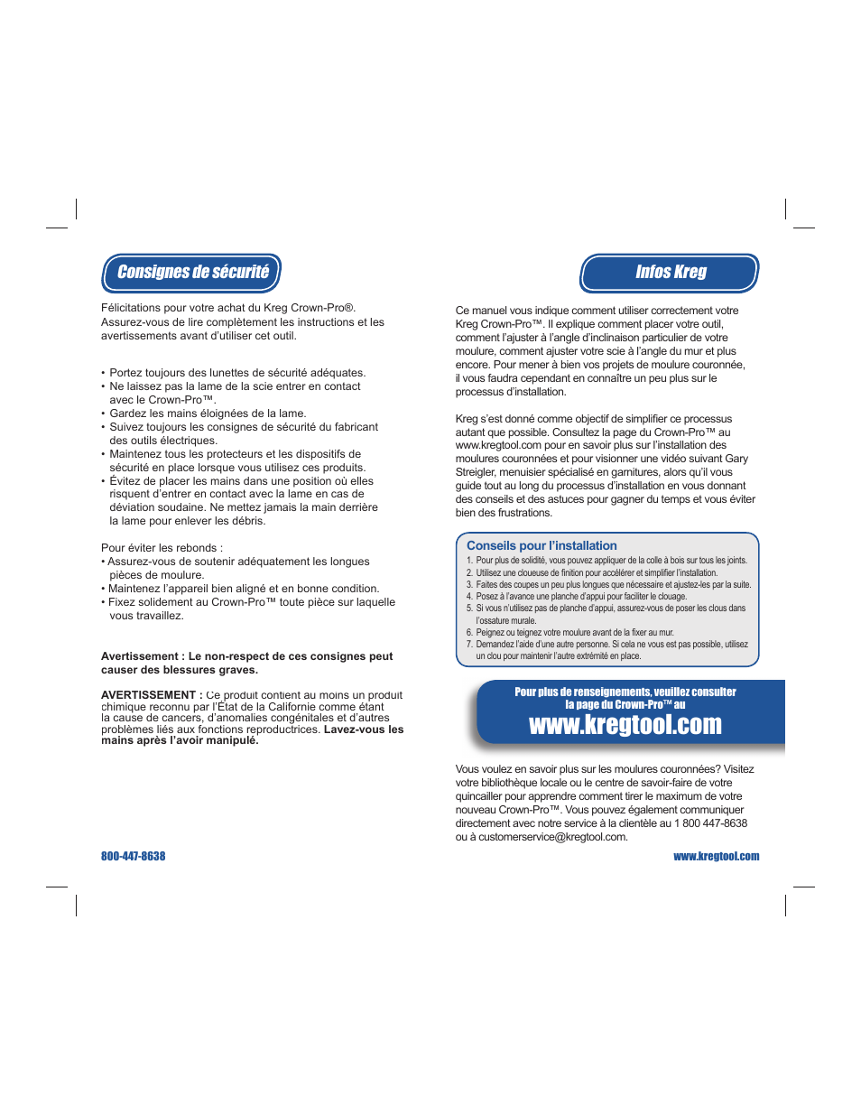 Consignes de sécurité infos kreg | Kreg Crown-Pro User Manual | Page 7 / 17