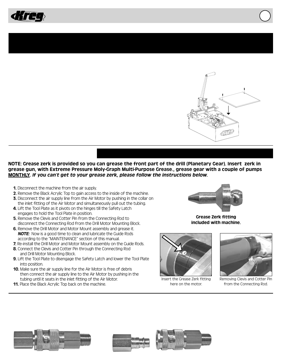 Attention! - please read before use, Grease zerk, Safety guidelines | High flow air fitting, Acrylic top must be secured | Kreg DB55 Pneumatic Foreman Pocket-Hole Machine User Manual | Page 3 / 20