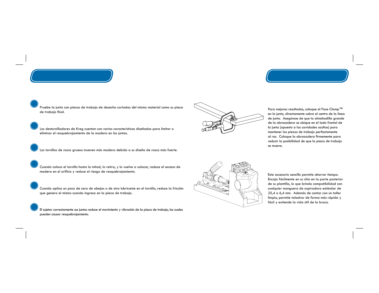 Face clamp, Dust collection attachment, Componentes adicionales | Consejos | Kreg Jig K4 User Manual | Page 24 / 27