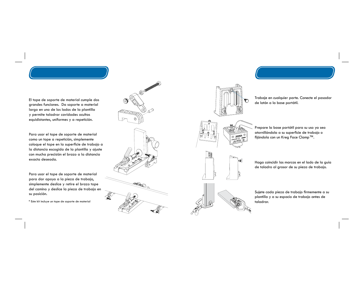 Tope de soporte de material, Base portátil, Componentes adicionales | Kreg Jig K4 User Manual | Page 25 / 27