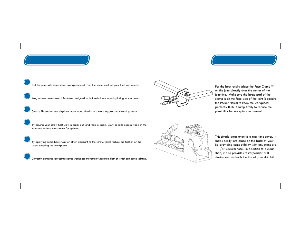 6 tips to reduce wood splitting, Face clamp, Dust collection attachment | Tips additional components | Kreg Jig K4 User Manual | Page 8 / 27